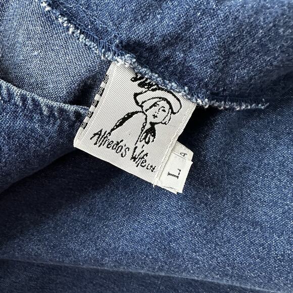 Alfredos Wife Top Womens Large Blue Denim Fringe Vintage Art Chambray - Picture 11 of 13